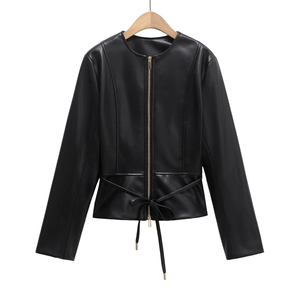 Women's black PU leather jacket with golden zipper and waist tie-up bow detail