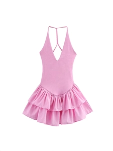 Robe courte rose dos nu avec col en V profond et ourlet à double épaisseur de volants d'été