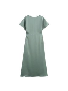 Elegant light green satin midi dress with short sleeves and a sleek A-line silhouette