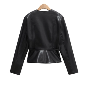 Women's black PU leather biker jacket with slim fit waist and peplum hem back view