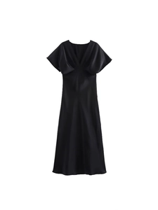 Elegant black V-neck satin midi dress with short sleeves and a pleated bodice design