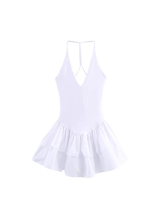 Mini robe blanche dos nu avec licou et décolleté en V profond à jupe volantée