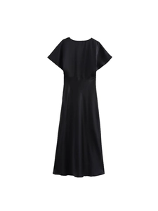 Elegant black satin midi dress featuring a V-neckline and high-waist A-line silhouette