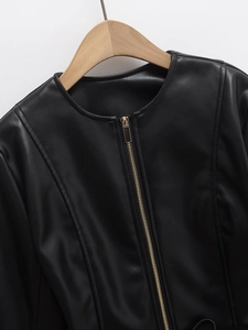 Women's slim fit black PU leather jacket with round neck and gold zipper detailing
