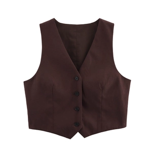 Detail of dark brown V-neck slim fit vest with four black buttons and tailored hem