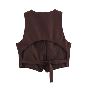 Rear view of coffee brown vest showing back cutout and adjustable buttoned waist strap