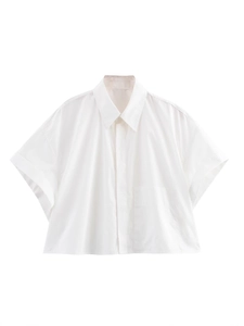 Minimalist white short-sleeved cotton shirt with loose drop-shoulder and front pocket