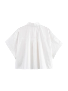 White minimalist short-sleeved cotton shirt with back pleat and square collar design