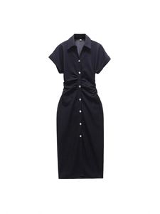 Women Casual Short Sleeve Ruched Denim Style Shirt Dress Slim Fit Single Breasted Midi Polo Collar Summer Long Dress