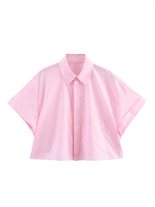 Pink short sleeve button-up shirt in boxy fit with lapel collar and chest pocket