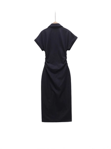 Short sleeve navy denim midi dress with lapel collar and waist pleats on white background