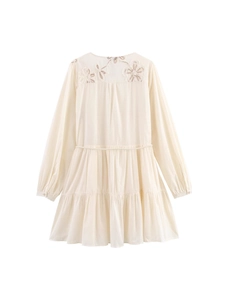 Women Bohemian Floral Embroidery V Neck Long Sleeve Mini Dress Polyester Tiered Hem Tassel Tie Waist Chic Casual Dress