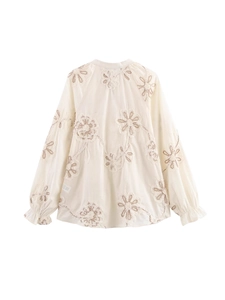 Women's Floral Embroidery Long Sleeve Blouse Vintage Stand Collar Tie Neck Tassel Shirt Boho Ruffle Cuff Polyester Top