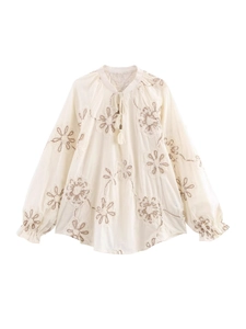 Women's vintage cream long sleeve shirt with floral embroidery and tassel necktie