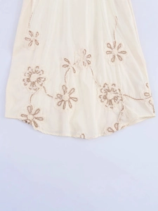 Spring women's floral embroidery long sleeve dress in cream with drawstring waist detail
