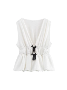 Top Peplum Blanc Sans Manches Style Français Femmes Sexy Col en V Contraste Nœud Noir Décor Texture Plissée Débardeur