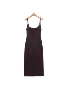 Slim fit chocolate brown midi slip dress with back slit and spaghetti straps