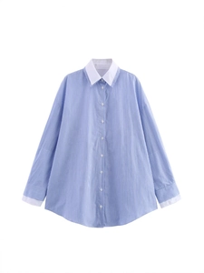 Women Fashion Striped Shirt Contrast Lapel Collar Long Sleeve Button Closure Loose Fit Blouse For Daily Streetwear