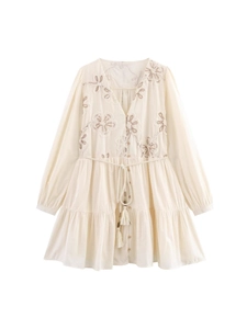 Boho long sleeve mini dress with floral embroidery and tassel drawstring in beige