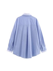 Back view of blue and white striped long-sleeve shirt with white collar and back pleats
