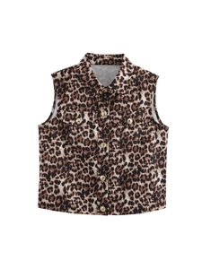 Women Vintage Leopard Print Sleeveless Vest Single Breasted Gold Buttons Lapel Fashion Streetwear Waistcoat Top