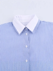 Blue and white vertical stripe long sleeve shirt with contrast white collar and button detail