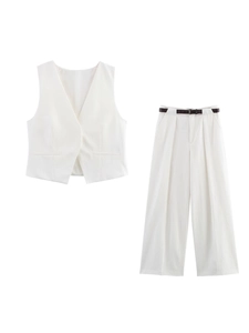Dames Zomer Linnen Wit Vest En Hoge Taille Wijde Pijpen Broek Met Riem Casual Kantoor Streetwear Mode Set