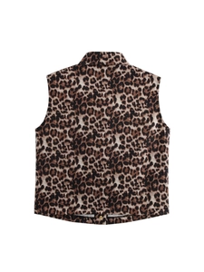 Classic leopard print sleeveless vest with button detail and notch collar back view