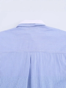 Blue and white striped shirt with white lapel collar and pleat back detail