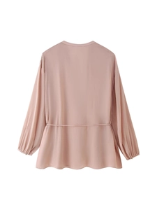 Back view of elegant lotus pink long sleeve chiffon blouse with lantern sleeves and waist tie