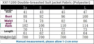 Tableau des tailles pour blazer croisé femme avec mesures détaillées du XS au L