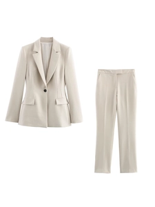 Women's 2-piece beige business suit set featuring notched lapel blazer and straight pants