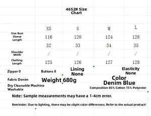 Size guide for blue denim dress with cotton blend fabric measurements and care info
