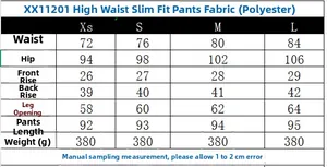 Tableau des tailles détaillé pour pantalon ajusté en polyester à taille haute