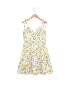 Women Floral Print Spaghetti Strap Mini Dress Sexy V Neck Backless Adjustable Tie Shoulder A Line Summer Vacation Dress