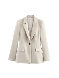 Chic women's off-white notched lapel blazer with a single black button and flap pockets
