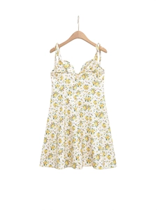 Floral V-neck sun dress with yellow flower print and adjustable tie shoulder straps