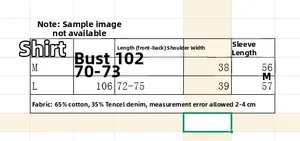 Detailed size chart for vintage embroidered denim shirt with cotton and tencel fabric data