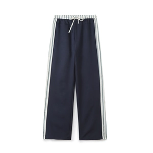 Women's navy blue wide-leg striped casual pants with elastic drawstring waist for summer