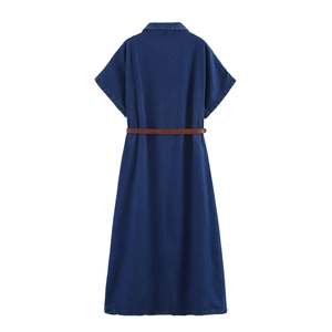 Elegant dark blue denim short sleeve maxi dress with a brown belt shown from the back