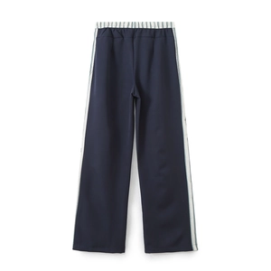 Women's casual navy wide-leg trousers with striped waistband and side tape detail