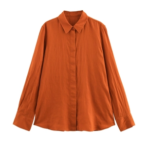 Ensemble chemise manches longues et pantalon en lin orange caramel pour femme 2025
