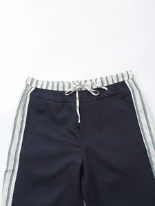 Navy blue high waist straight trousers with side stripes and elastic drawstring waist