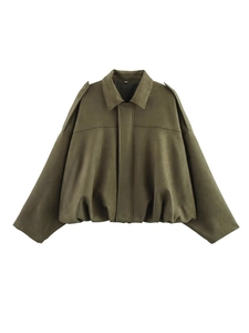 Army green suede cropped bomber jacket with lapel collar and structured drop shoulder