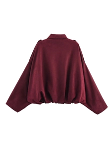 Oversized burgundy suede-textured bomber jacket with relaxed batwing sleeves for women