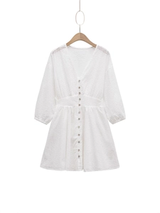 Robe Vintage Française Blanche en Broderie Anglaise Femmes Col en V Bouton Slim Taille Haute Manches Longues Trapèze Décontracté Vacances Mini Robe