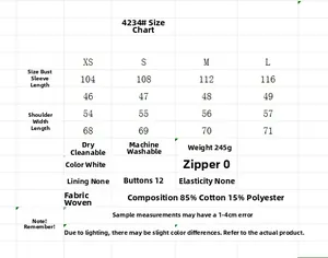 Size chart for white hollow embroidery shirt with chest, sleeve, and fabric specifications