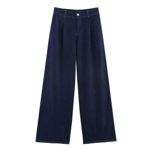 Pantalon en jean femme taille haute bleu foncé à jambes larges avec plis élégants