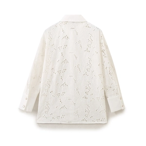 Back view of white hollow embroidery long sleeve shirt with premium floral texture