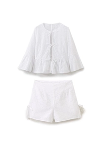 Women Hollow Eyelet Embroidery Ruffle Top And High Waist Shorts Cotton Blend Casual Elegant Lace-up Summer Outfit